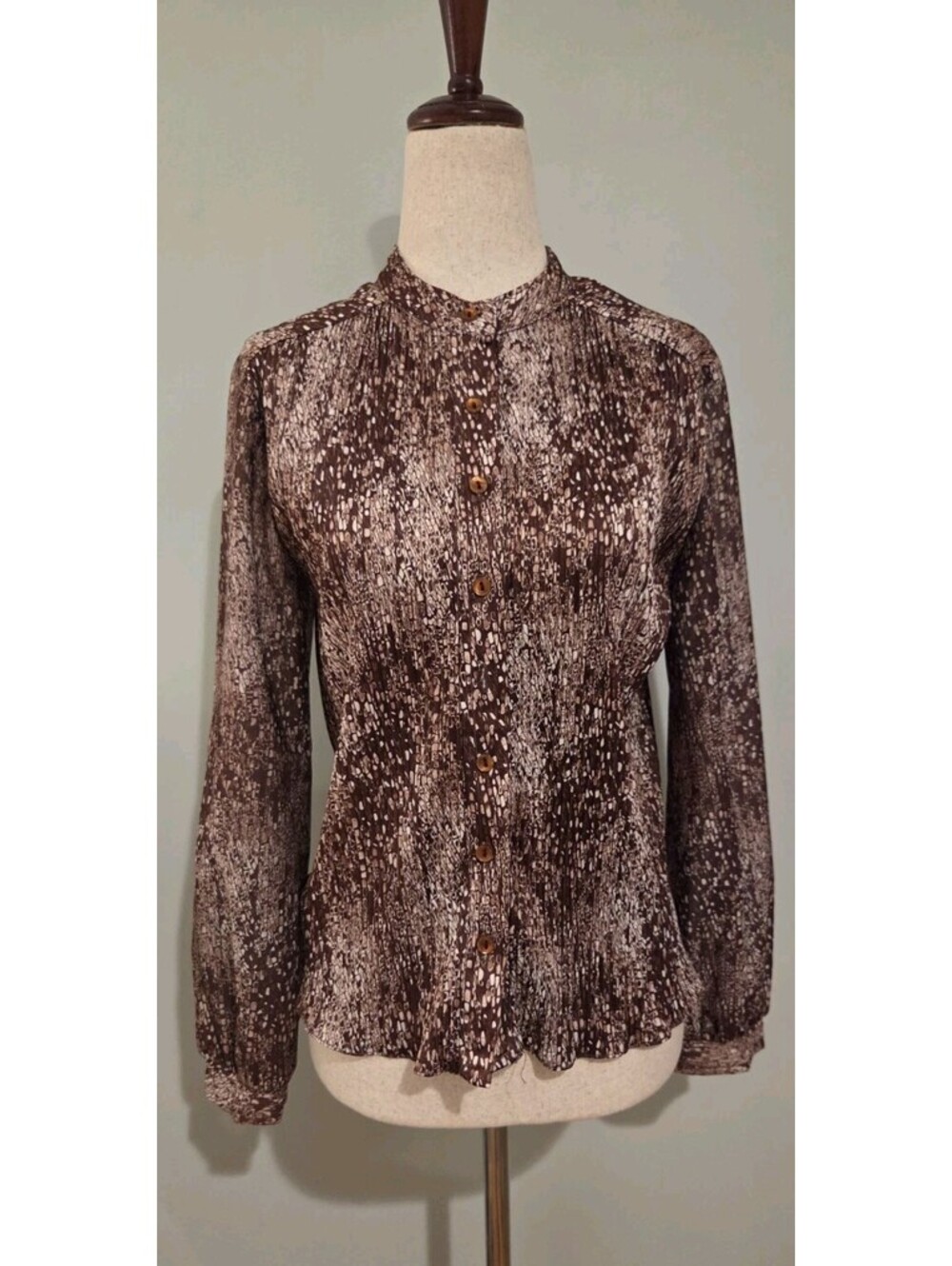 Murray Meisner Sz 12 Brown Beige Pleated Balloon Sleeve 70s Vintage Blouse